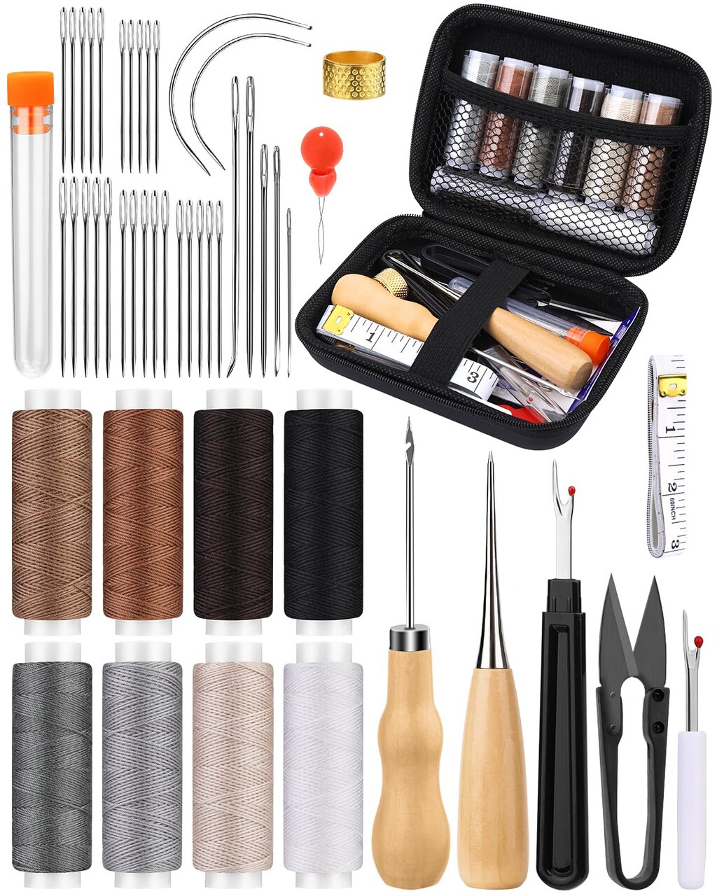 Upholstery Repair Kit, 50 Pcs Heavy Duty Sewing Kit with 8 Colors Thread 32 Pcs Upholstery Needles, Sewing Awls for Hand Stitching Car Sofa Shoe Backpack Craft DIY